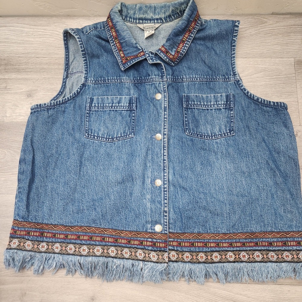 Vintage Stonebridge Blue Denim Vest 1X  Sleeveless Fringe Trim Western Boho Jean